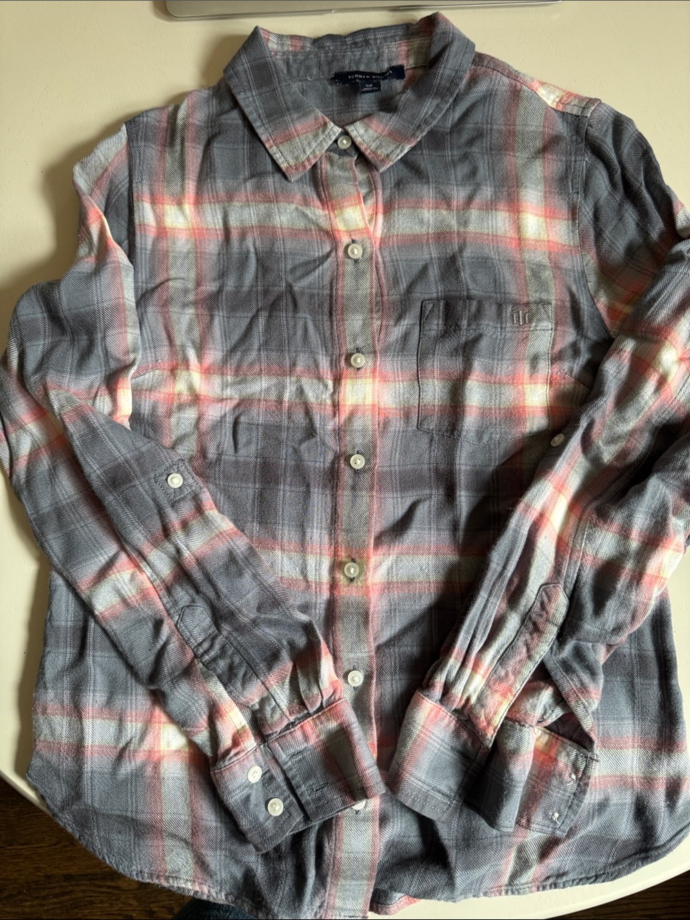 Tommy Hilfiger Soft Gray Plaid Button-Down Shirt with Pink and Cream Stripes